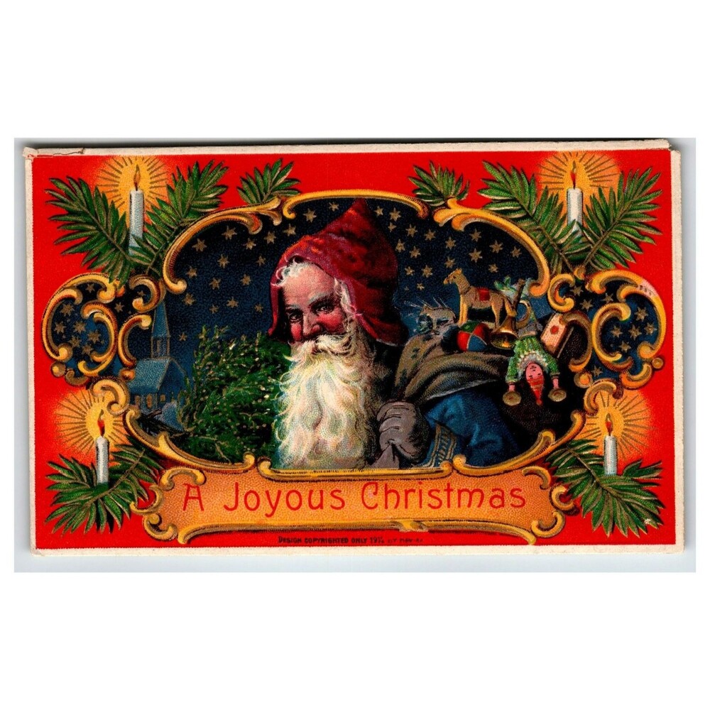 1912 Old World Blue Coat Santa Claus Christmas Postcard Embossed German Candles